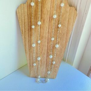 Cookie Lee necklace long single strand faux pearl stations with glass seed beads